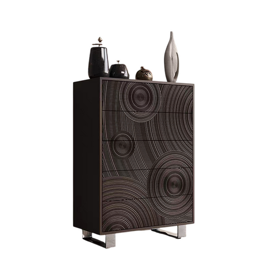 Dark Brown 5-Drawer Chest with Carved Circle Front and Metal Legs