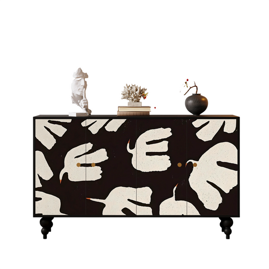 French Vintage Style 4 Door Sideboard Cabinet, Black and Cream Abstract Floral Storage Cabinet, Solid Wood Buffet Credenza for Dining Room, Living Room, Entryway, Bedroom and Hotel Decor