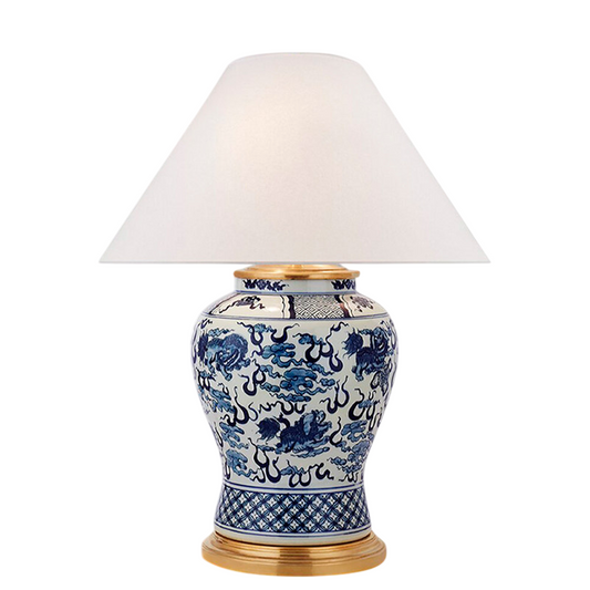 Large Blue and White Ceramic Table Lamp with Brass Accents, Hand Painted Porcelain Jar Bedside Lamp with Fabric Shade, E27 Socket and Button Switch for Bedroom Living Room