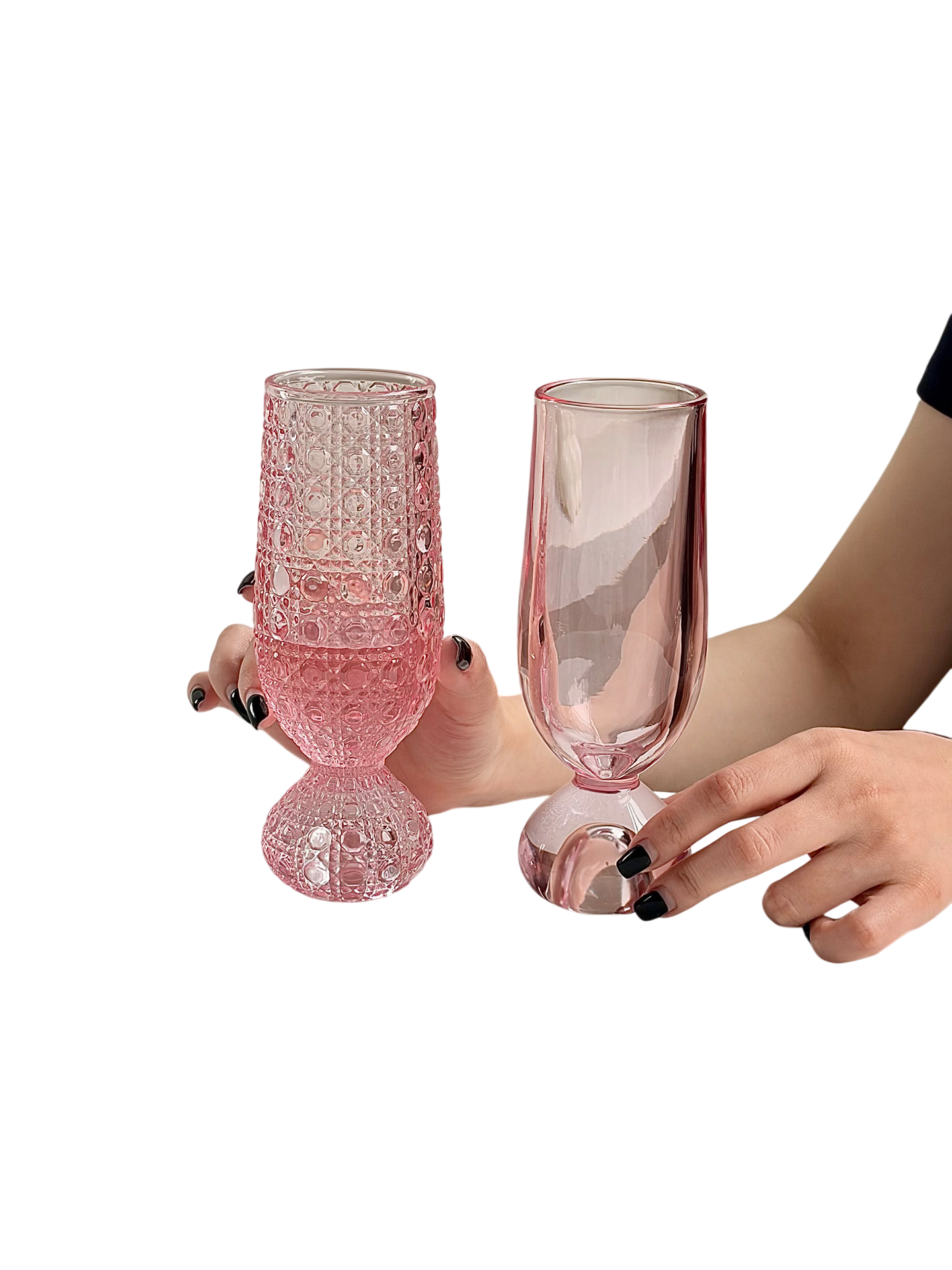 Pink Bubble Stem Champagne Glasses Set of 2, 6.4 oz Tall Footed Drinking Glasses with Smooth and Gem-Textured Designs for Sparkling Wine, Cocktails, Juice and Party Drinks