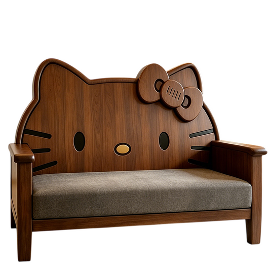 Ash Wood Cat-Shaped Loveseat with Gray Upholstered Cushion