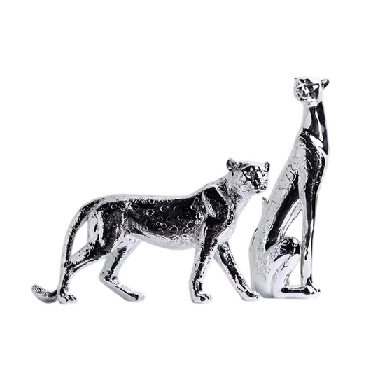 Silver Leopard Statue Set of 2, Metallic Big Cat Sculptures, Standing and Sitting Leopard Figurines for Tabletop, Bookshelf, Console Table, Living Room, Office, Hotel Decor