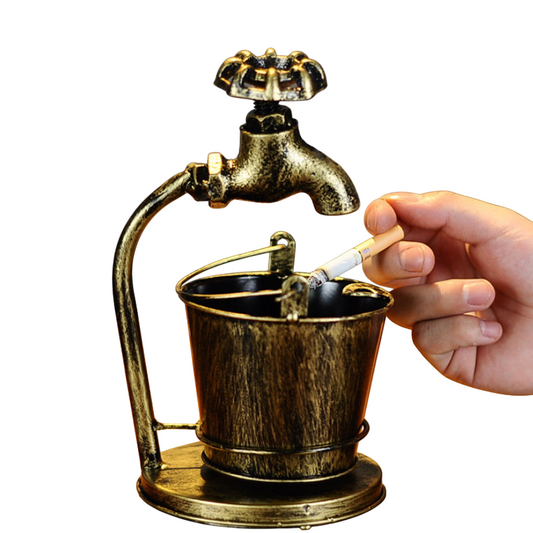 Vintage Faucet Ashtray, Creative Metal Bucket Cigarette Ash Holder with Lid, Rustic Industrial Desktop Ash Tray for Living Room, Patio, Office, Bar, Cafe, Home Decor