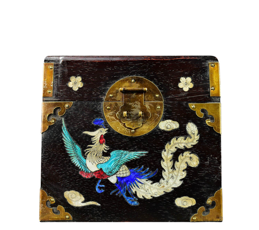 Dragon Phoenix Inlaid Wooden Jewelry Box, Vintage Solid Wood Storage Chest with Colorful Shell Inlay and Brass Fittings, Decorative Keepsake Box for Jewelry, Collectibles, Home Decor Gift