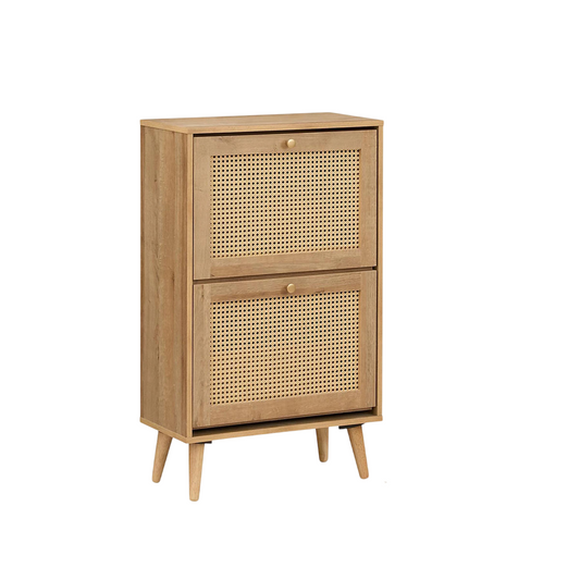 Oak Rattan Shoe Cabinet with 2 Flip Drawers