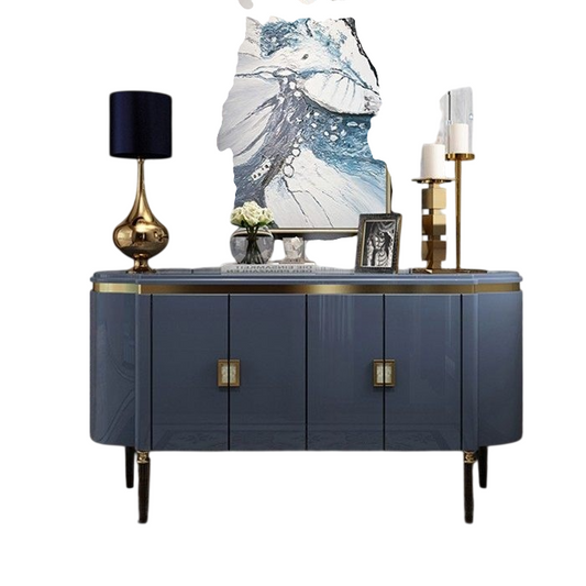 Blue Gray 4-Door Sideboard Cabinet with Gold Accents and Curved Ends