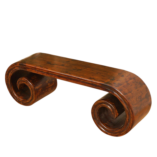 Brown Solid Wood Chinese Style Low Coffee Table, Scroll Base Tea Table with Glossy Wood Grain Finish, Vintage Inspired Rectangular Floor Table for Living Room, Small Spaces, Tea Room, Lounge, and Display