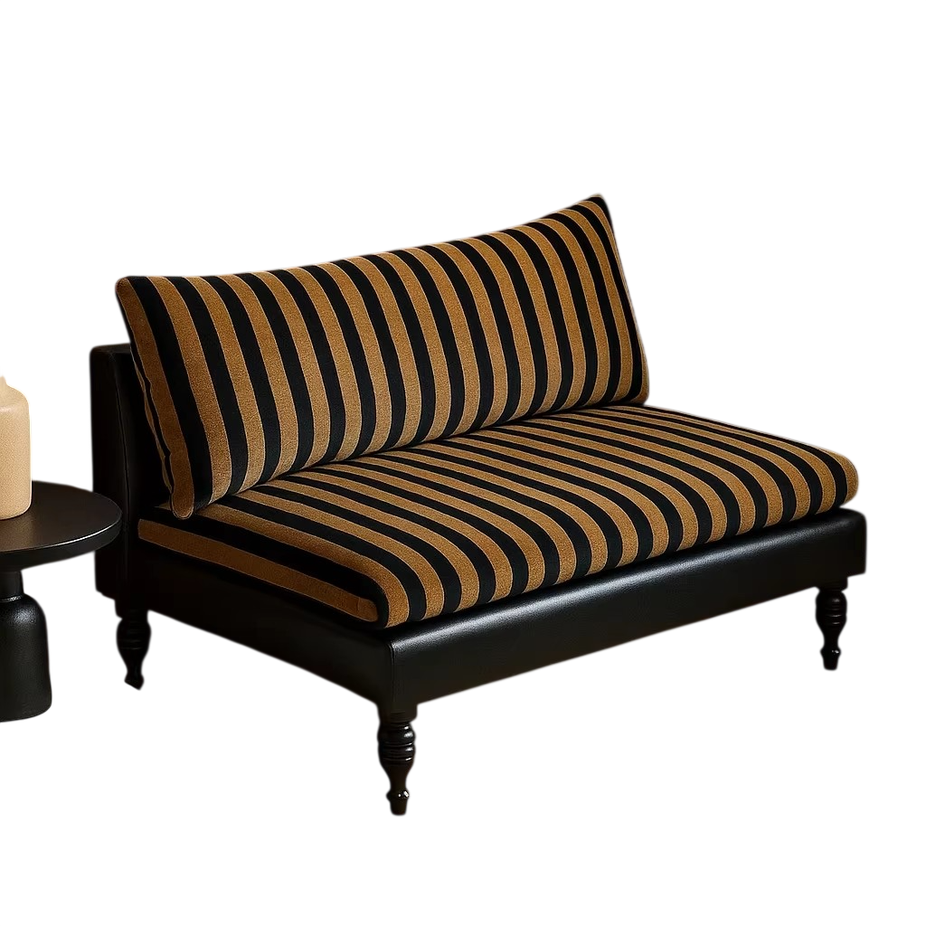 Brown Striped Loveseat with Cushions and Black Faux Leather Frame