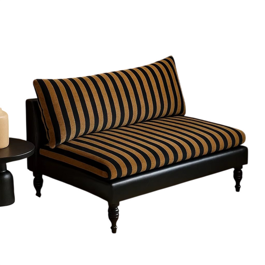Brown Striped Loveseat with Cushions and Black Faux Leather Frame