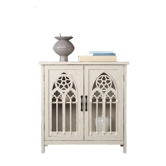 Ivory Wood Storage Cabinet with Gothic Glass Doors, 2-Door Sideboard