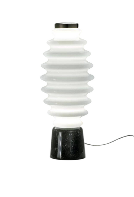 Modern Ribbed Glass Table Lamp with Black Marble Base, Frosted White Bedside Lamp for Bedroom, Living Room, Office, Nightstand, Console Table and Contemporary Home Decor