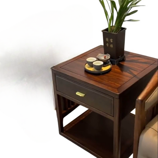 Ash Wood Side Table with Drawer and Lower Shelf, Walnut Finish