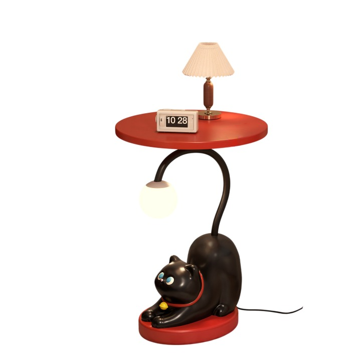 Black Resin Cat Side Table with Globe Night Light, Red Round Wood Top, Whimsical Sculptural End Table for Living Room, Bedroom, Sofa Side and Reading Corner