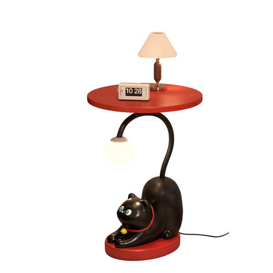 Black Resin Cat Side Table with Globe Night Light, Red Round Wood Top, Whimsical Sculptural End Table for Living Room, Bedroom, Sofa Side and Reading Corner