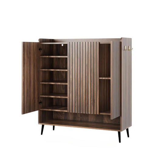 Walnut Fluted Shoe Cabinet with 3 Doors and 6-Tier Storage