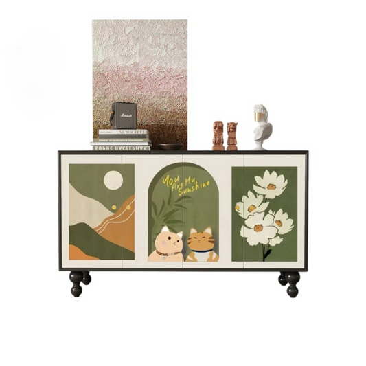 French Style Hand Painted Cat Floral Sideboard Cabinet, Solid Wood Accent Storage Cabinet, Decorative Entryway Console, Dining Room Buffet, Living Room Credenza