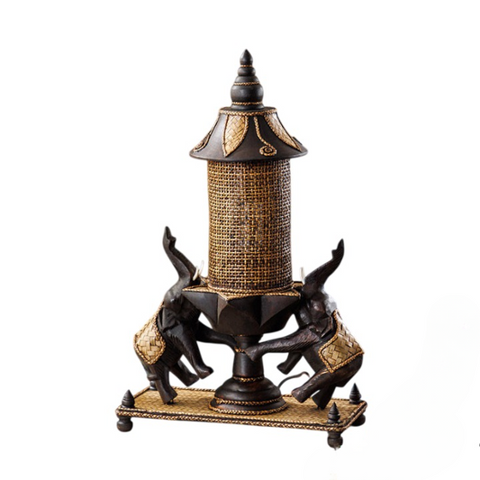 Double Elephant Table Lamp, Vintage Decorative Accent Lamp with Woven Style Shade, Ambient Bedside Light for Bedroom, Living Room, Dining Room, Bar, Hotel, Spa, and Entryway Decor