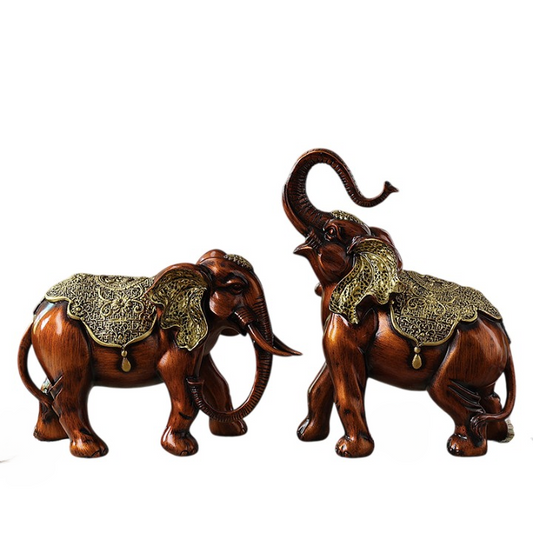 Antique Brown Resin Elephant Figurines Set of 2 with Gold Saddles