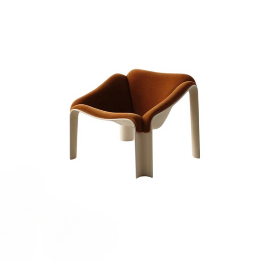 Deep Brown Upholstered Fiberglass Lounge Chair, Cream Sculptural Molded-Shell Accent Armchair, Retro-Futurist Low Seat for Living Room, Bedroom, Villa and Reading Lounge