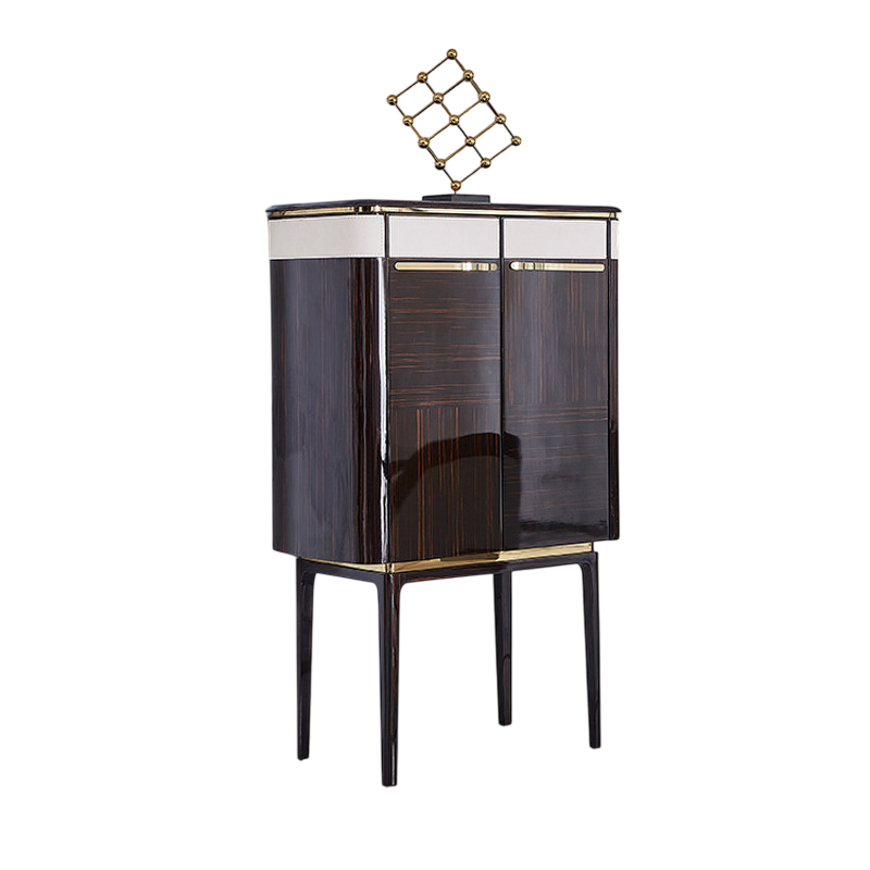 Tall 2-Door Bar Cabinet with Drawers, Dark Wood Finish and Gold Accents