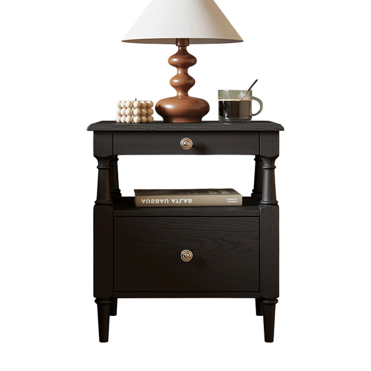 Black Solid Pine Wood Nightstand with Drawer and Open Shelf, Vintage Style Bedside Table with Turned Legs, Bedroom End Table for Small Spaces, Living Room, Guest Room
