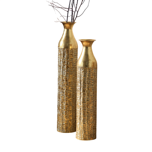 Set of 2 Gold Metal Floor Vases, Tall Hammered Decorative Vase Set, Vintage Textured Floral Vases for Dried Flowers, Entryway, Living Room, Fireplace, Wedding Decor, Photography Prop