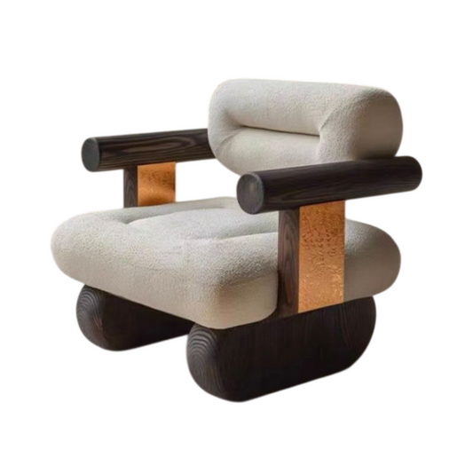 Modern White Boucle Accent Chair with Ash Wood Arms for Living Room