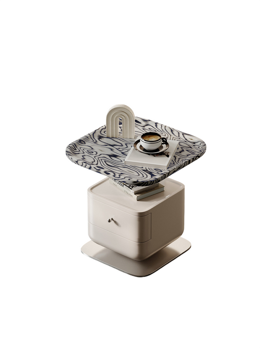 Modern Cream Nightstand with Drawer, Rounded Bedside Table with Patterned Tray Top, Compact Bedroom End Table with Storage Shelf, Luxury Accent Side Table for Bedroom, Living Room, Small Spaces