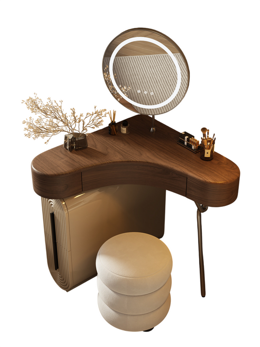 Corner Vanity Table Set with Mirror and Round Stool, Walnut and Khaki Gray