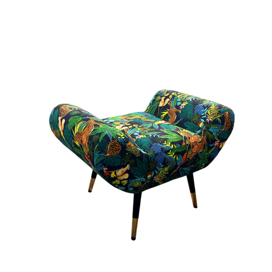Navy Green Jungle Animal Print Upholstered Accent Bench, Curved-Side Ottoman with Black and Gold Legs for Entryway, Bedroom, Vanity, Living Room and Walk-In Closet