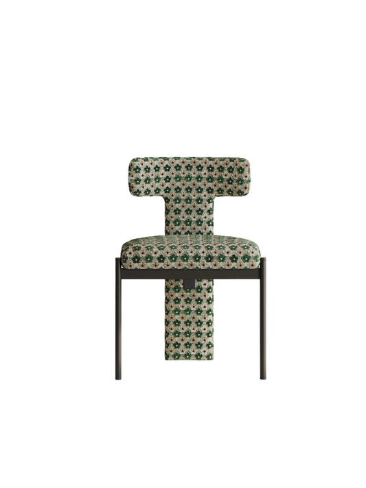 Green Floral Jacquard Dining Chair, Upholstered Armless Accent Chair with Ash Wood Frame, Modern T-Back Side Chair for Dining Room, Kitchen, Bedroom, Vanity, Cafe Seating