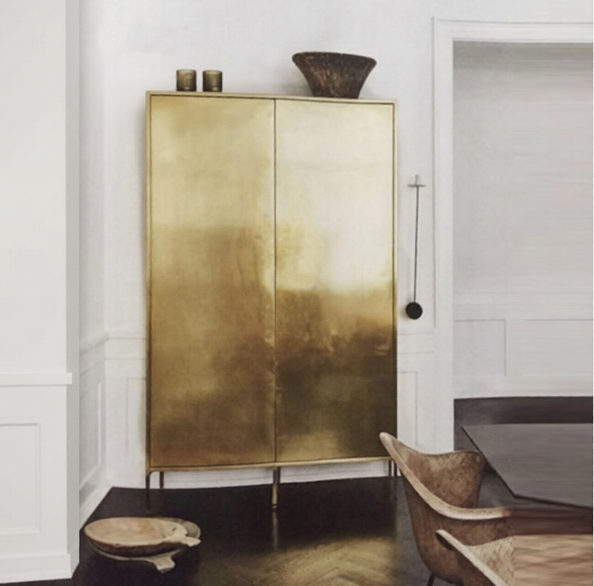 Tall 2 Door Storage Cabinet, Gold Tone Accent Cabinet with Abstract Face Line Art, Modern Freestanding Display Cabinet for Living Room, Dining Room, Entryway and Home Bar