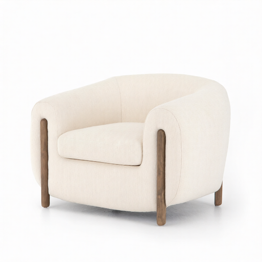 Ivory Boucle Barrel Accent Chair, Upholstered Sherpa Armchair with Solid Wood Legs, Modern Curved Lounge Chair for Living Room, Bedroom, Balcony, Reading Nook, Single Sofa Chair
