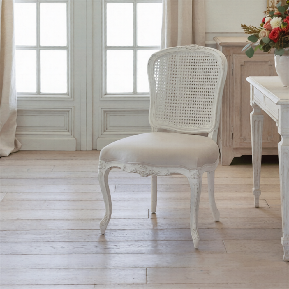 Vintage White Cane Back Dining Chair, Carved Solid Wood Side Chair with Upholstered Seat, Rustic Accent Chair for Dining Room, Vanity, Office and Bedroom