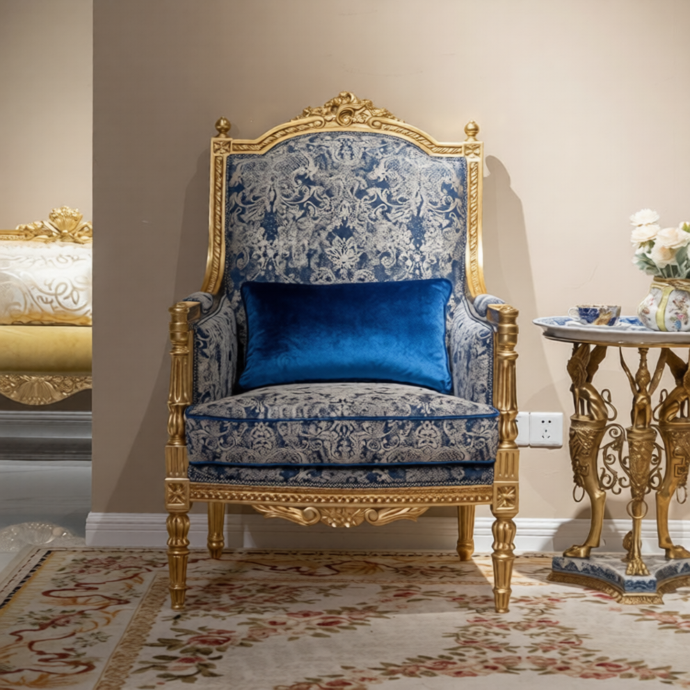 Blue Damask Accent Chair with Gold Tone Carved Wood Frame, High Back Upholstered Armchair with Pillow, Luxury Living Room Chair for Bedroom, Reading Corner, Lounge, Office and Vanity Space