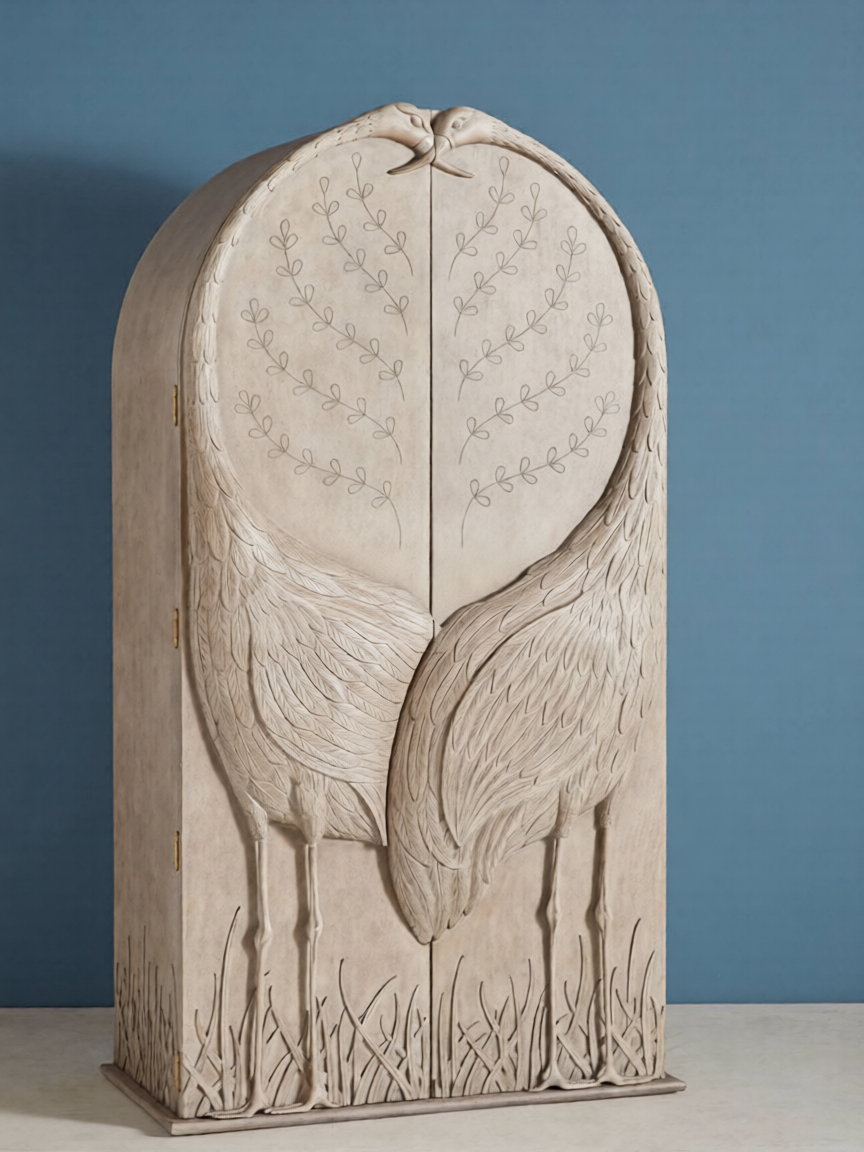 Carved Crane Armoire with Double Doors, Tall Beige Storage Cabinet