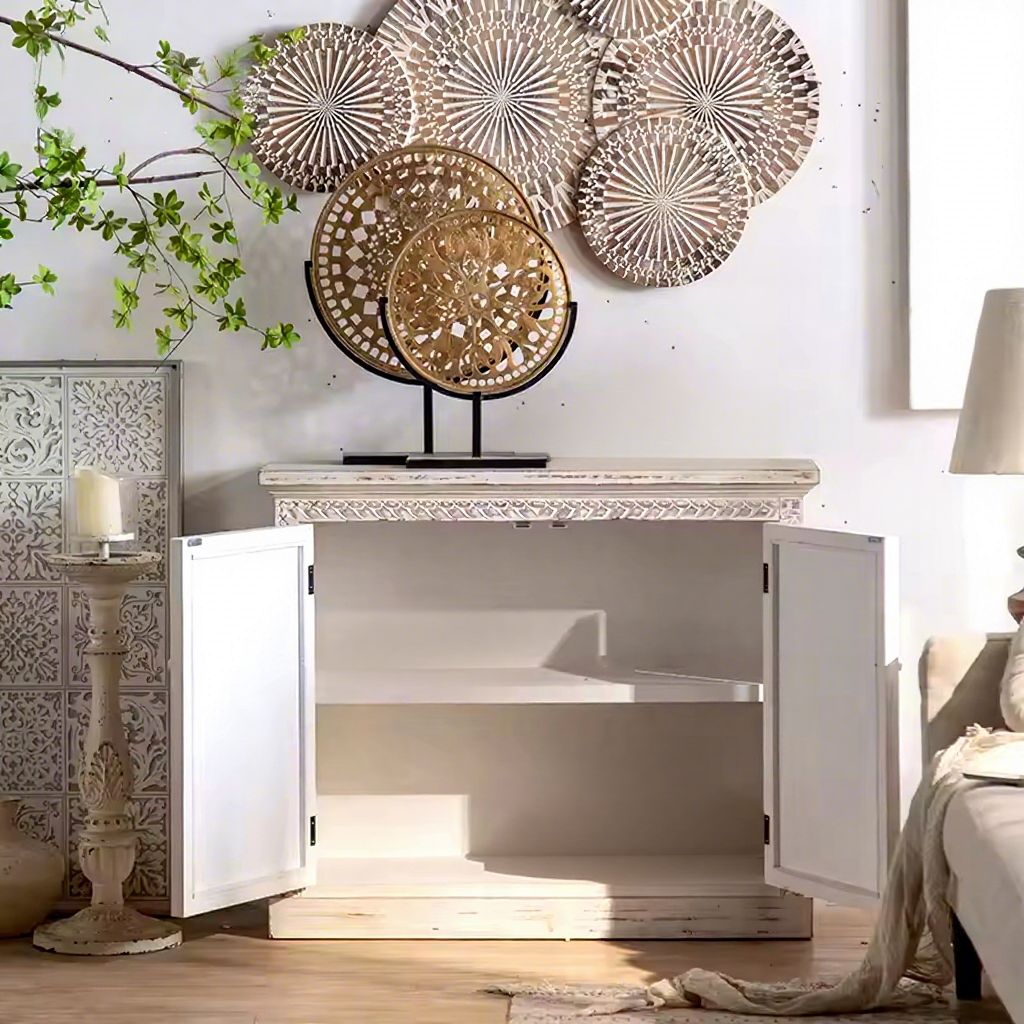 Mediterranean Style Solid Wood Sideboard Cabinet Modern Farmhouse Double Door Storage Cabinet Distressed White Entryway Console Cabinet for Living Room Dining Room