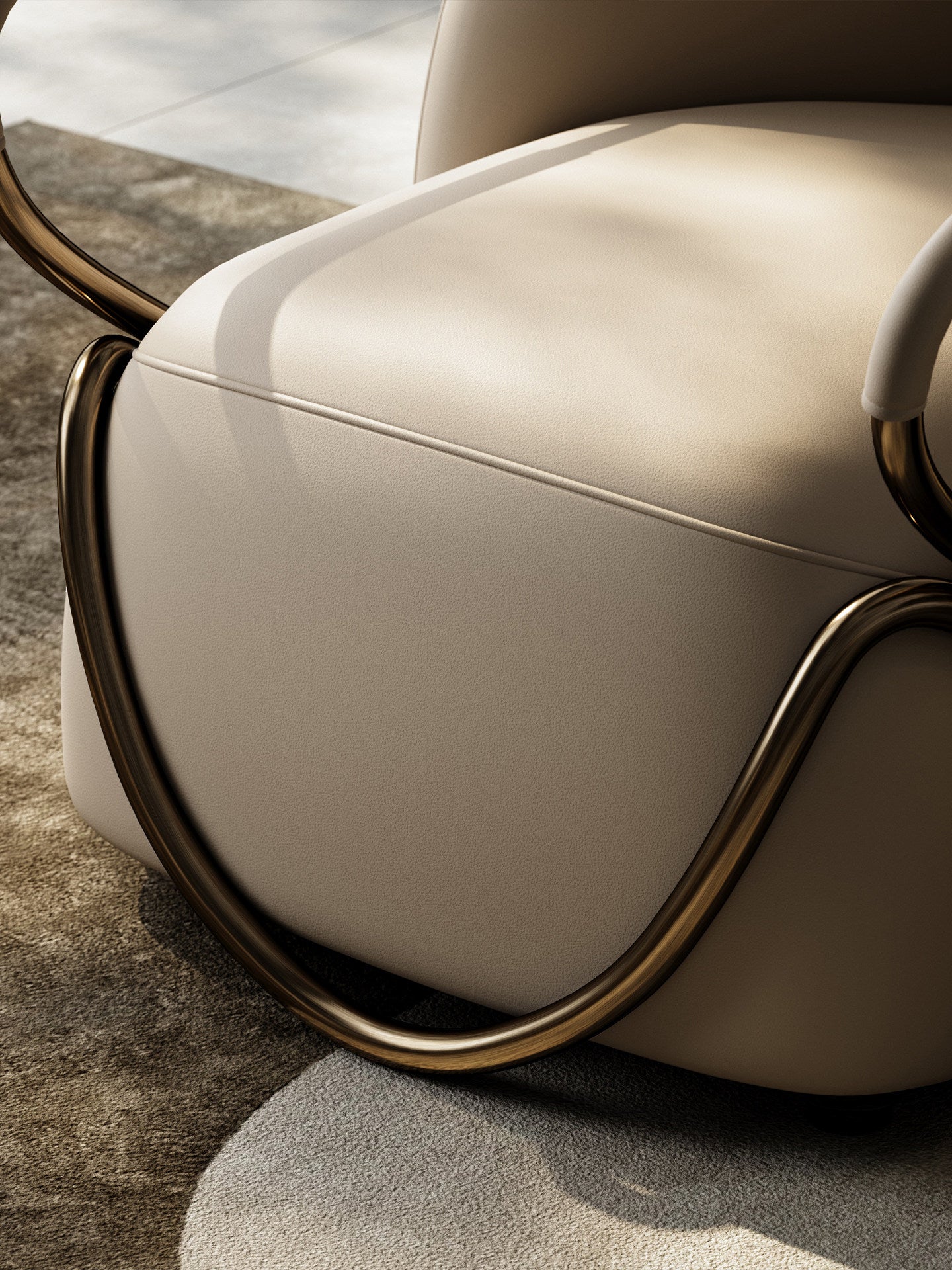 Beige Leather Accent Chair, Modern Lounge Chair with Bronze Metal Frame, Upholstered Single Sofa Chair with Curved Back and Arms for Living Room, Bedroom, Villa, Reading Corner