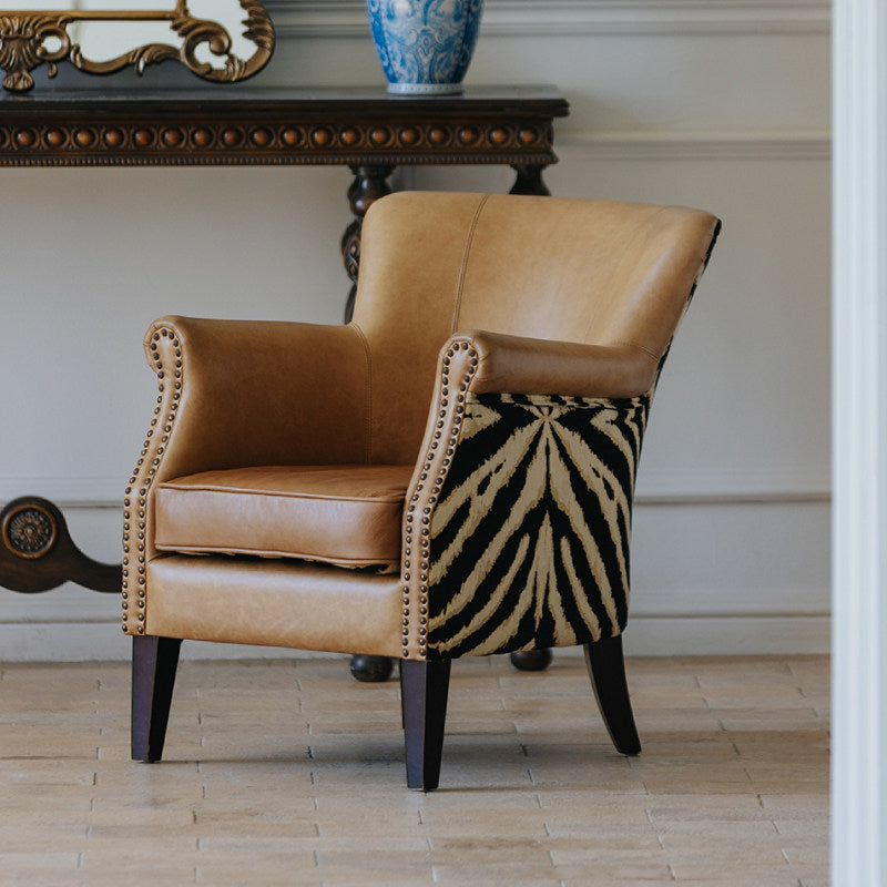 Tan Top Grain Leather Accent Chair, Vintage Rolled Armchair with Animal Print Side Panels, Nailhead Trim Single Sofa Chair for Living Room, Bedroom, Office