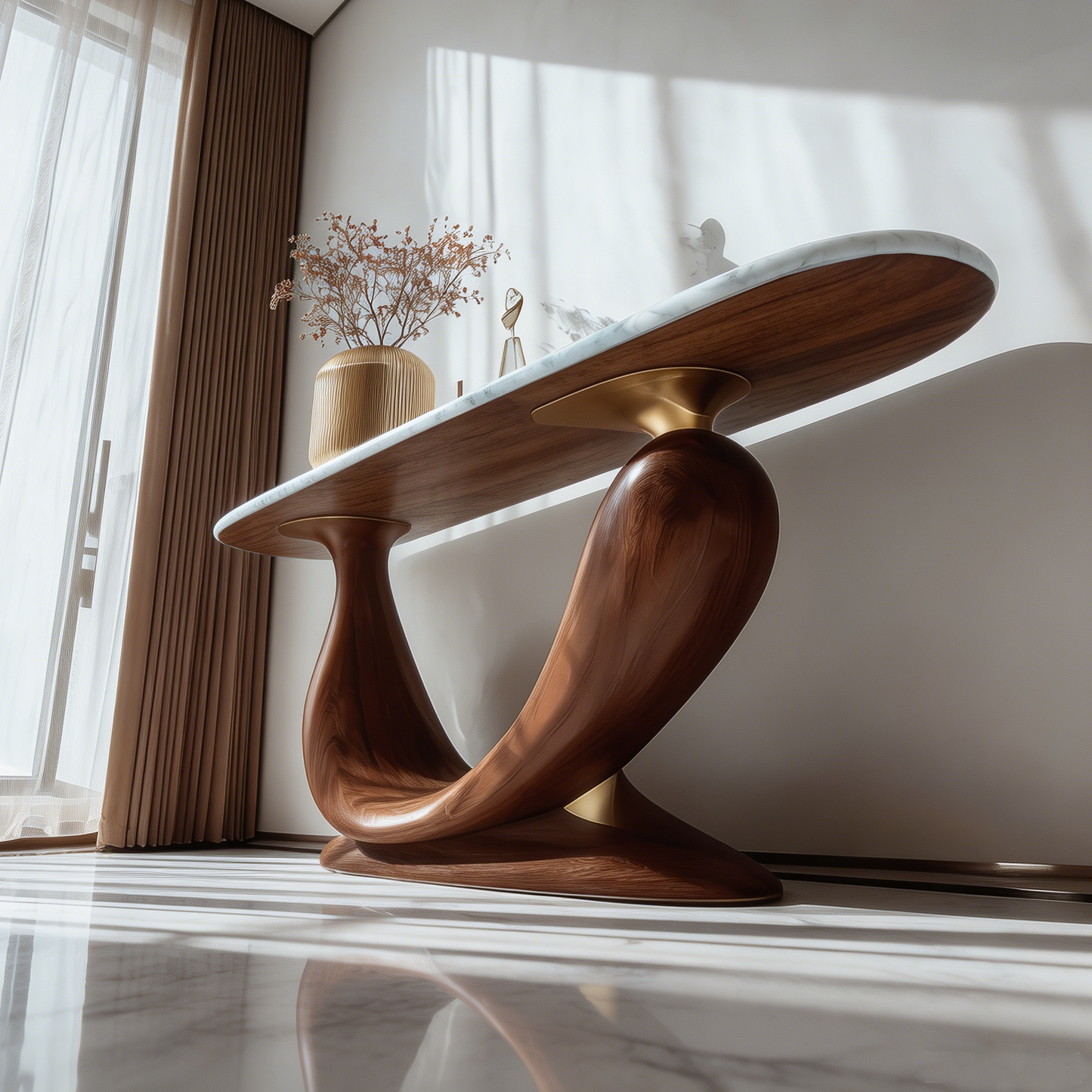 Modern Console Table with Stone Top, Sculptural Wood Entryway Table for Foyer