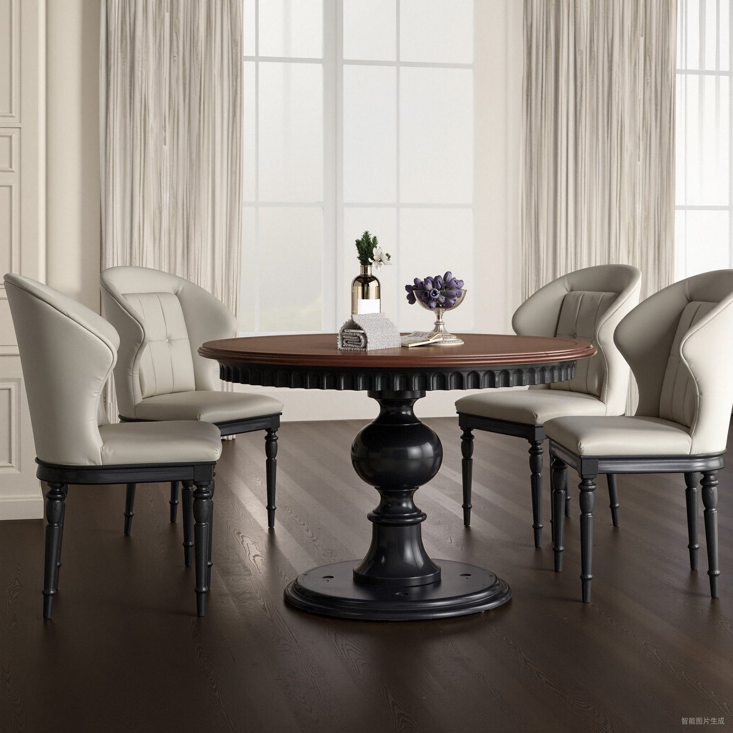 Round Pine Wood Dining Table, Vintage Style Pedestal Kitchen Table with Brown Top and Black Base, Small Space Breakfast Table for Dining Room, Apartment, Cafe, Living Room