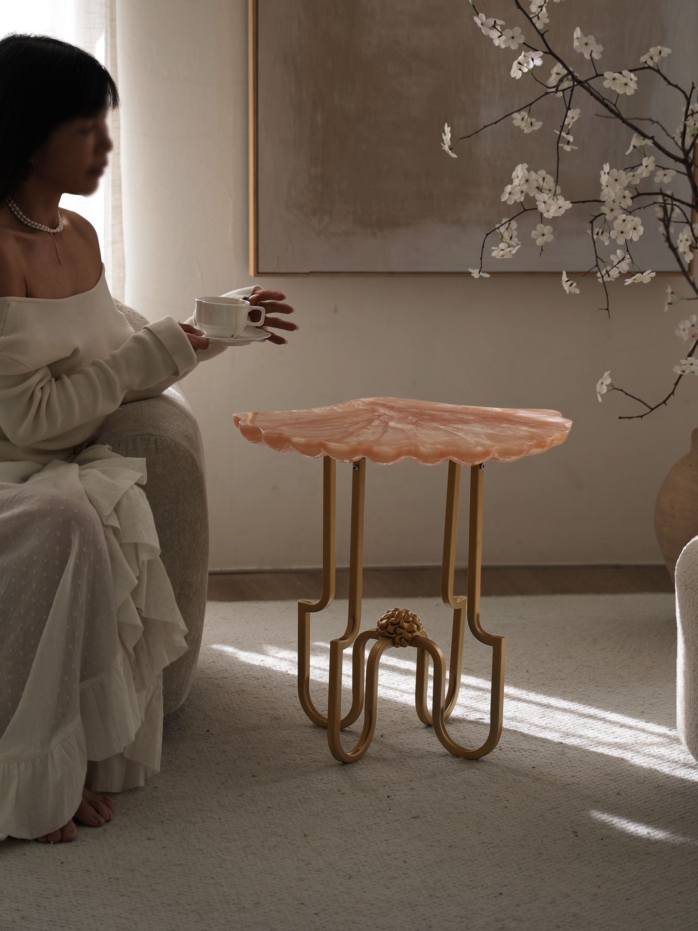 Pink Resin Shell Side Table with Gold Metal Base, Sculptural End Table