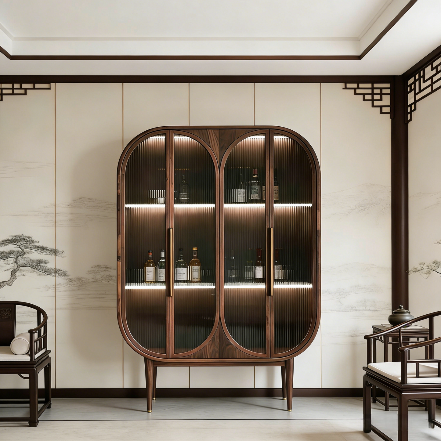Ash Wood Liquor Cabinet with Fluted Glass Doors and LED Display Shelves