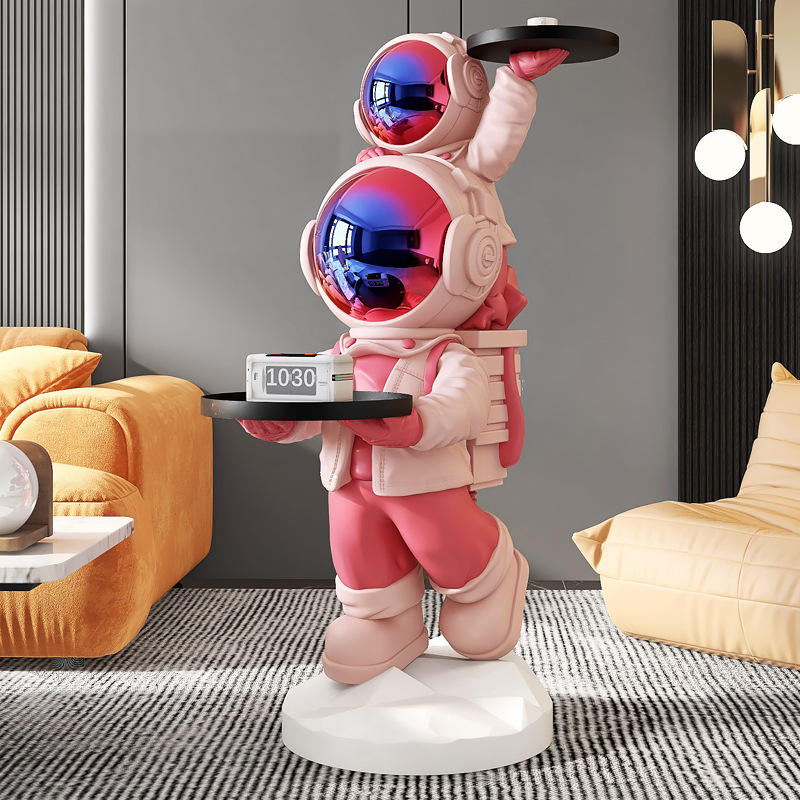 31-Inch Pink Double Astronaut Resin Statue with 2 Display Trays