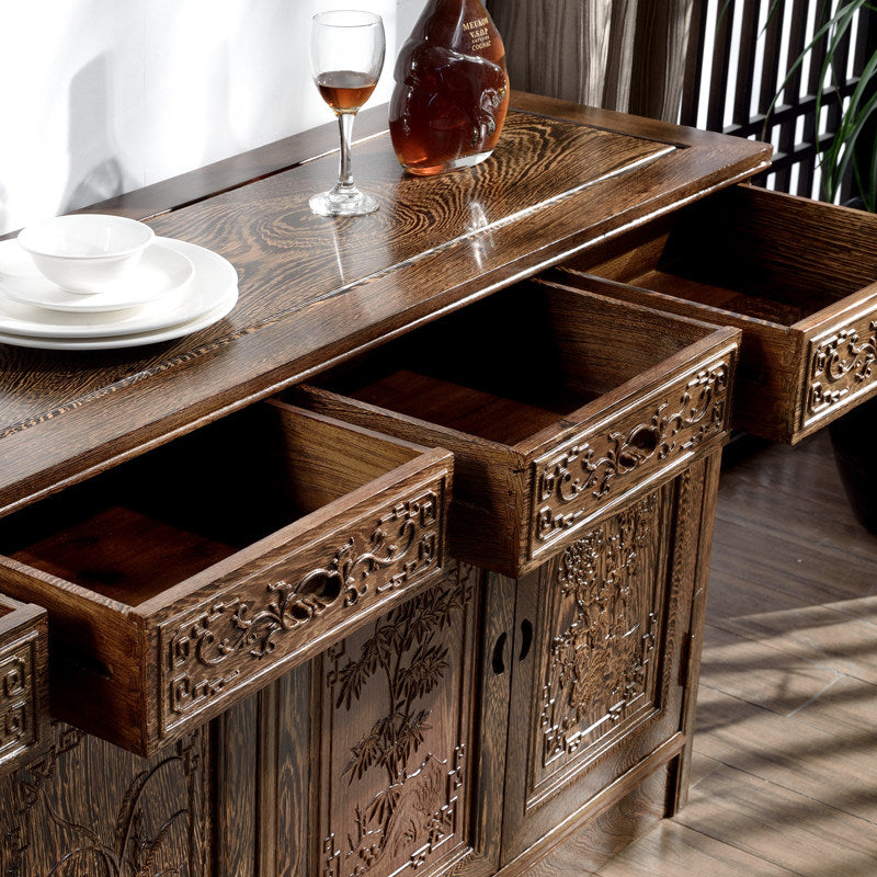 Solid Wood Sideboard Buffet Cabinet, Hand Carved 3 Door 3 Drawer Storage Credenza, Traditional Asian Style Dining Room Cabinet for Living Room, Entryway and Hallway