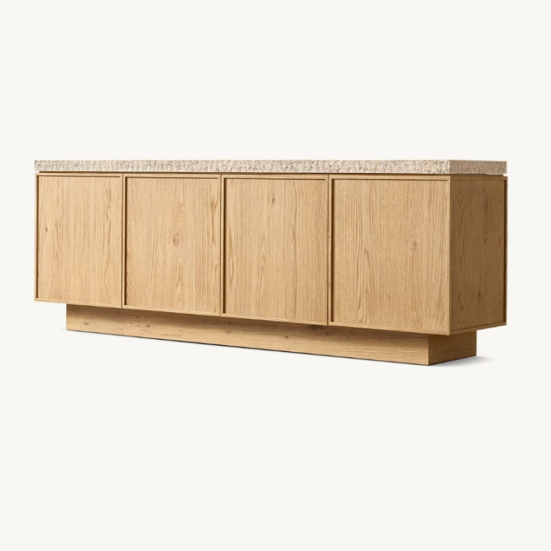 Travertine Top Sideboard Buffet Cabinet, Solid Wood 4-Door Storage Credenza, Modern Media Console TV Stand for Living Room, Dining Room, Entryway,