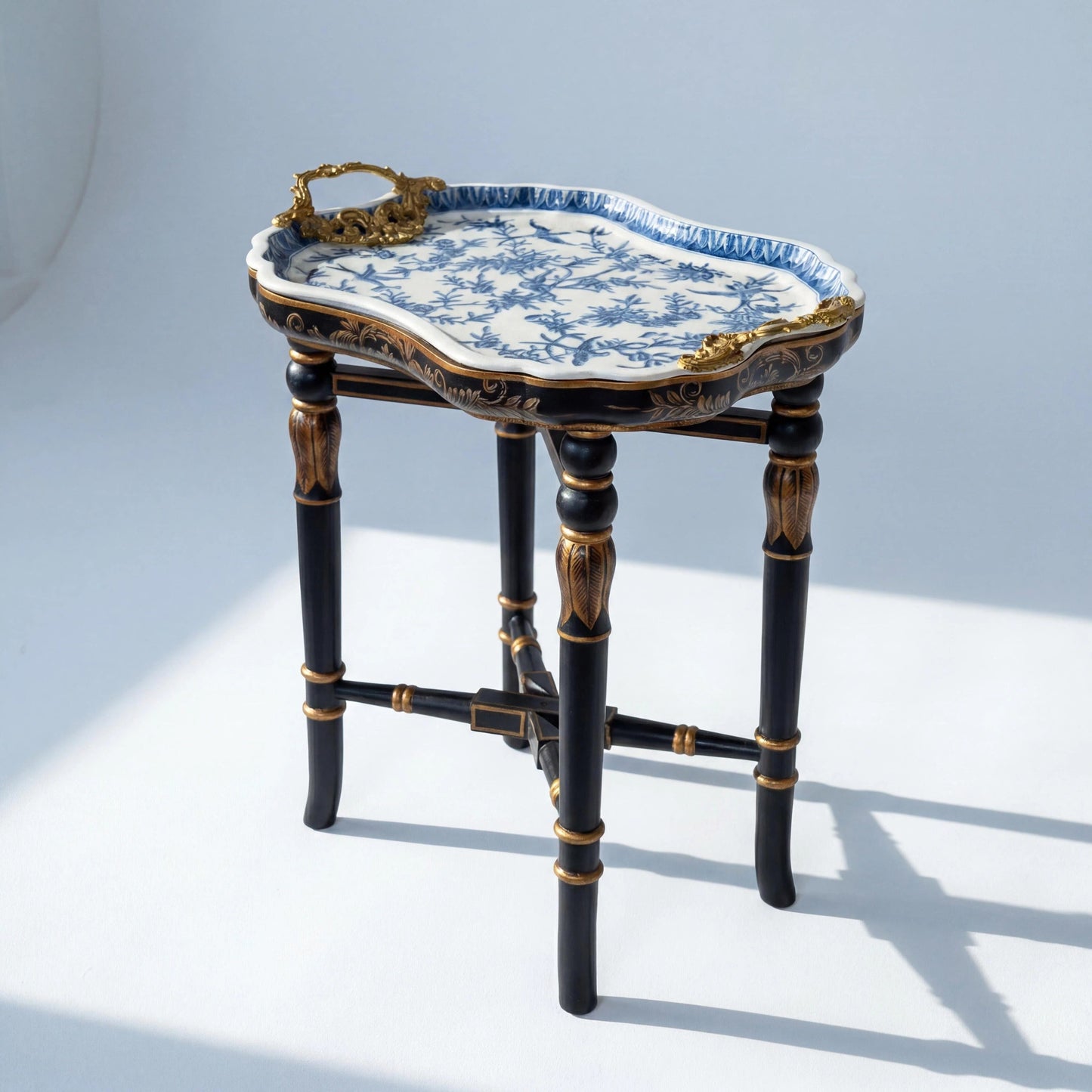 Blue and White Ceramic Tray Side Table with Brass Tone Handles, Hand Painted Porcelain Accent Table, Black Leg End Table for Living Room Bedroom Coffee Tea Table
