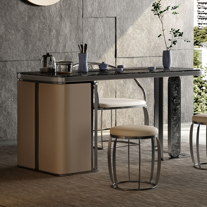 Black Marble-Look Dining Table with Side Storage Cabinet
