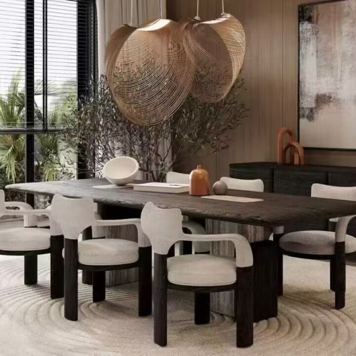 Black Rectangular Dining Table, 71 Inch Wood Dining Table with Stone Accent Base, Modern Wabi Sabi Kitchen Table for Dining Room, Restaurant, Apartment, Breakfast Area