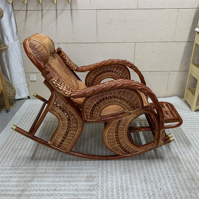 Natural Rattan Rocking Chair with Footrest, High Back Reclining Lounge Seat